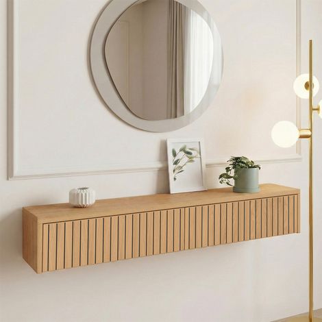 Estantería de pared para el recibidor JULIETTE, con 2 cajones, efecto listones de madera, color roble (1/5)