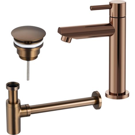 FugaFlow Eccelente Ensemble robinetterie de fontaine en fonte avec robinet de fontaine sur pied bas, bouchon toujours ouvert et siphon design PVD