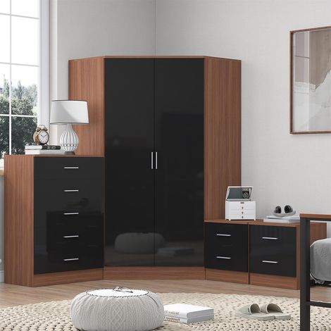 Reflect 2 Door Corner Wardrobe, 5 Drawer Chest, 2x 2 Drawer Bedsides - Black Gloss & Walnut - Bedroom Furniture Set (1/5)