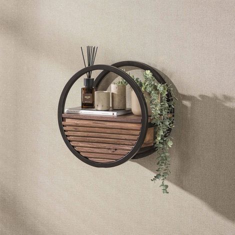 Etagère murale ronde 40x25x40 cm en acacia et métal bronze - ROUND