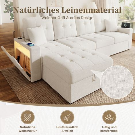 Canapé d'angle modulaire 253x144,5x80,7 cm en lin beige avec pouf de rangement, pour salon – MEUBLIV (1/5)