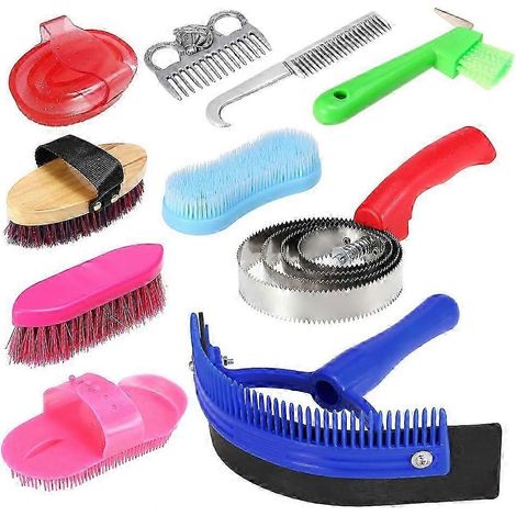 Kit de nettoyage pour chevaux comprenant : peigne à crinière et à queue, brosse de massage, grattoir à transpiration, cure-pieds, brosse à récurer. (1/5)