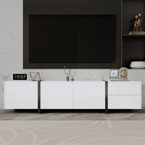 Meuble tv bas 170 cm blanc brillant avec pieds noirs et tiroirs design moderne (1/5)