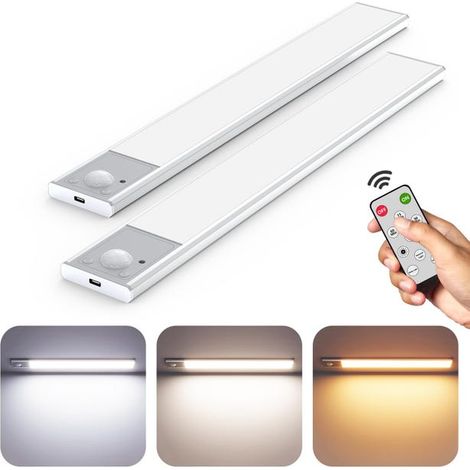 Lot de 2 lampes sous-meuble avec télécommande et capteur de mouvement, lampe de placard rechargeable à intensité variable de 30 cm, 3 couleurs