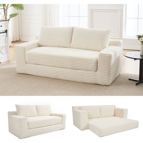 Divano letto 2 posti in tessuto bianco effetto cord, con memory foam e struttura in acciaio, senza montaggio (1/4)