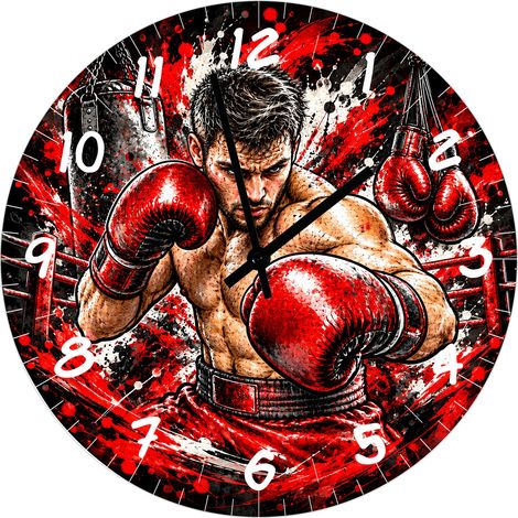 Horloge en verre boxe 29 cm boxeur gants rouges et ring (1/2)