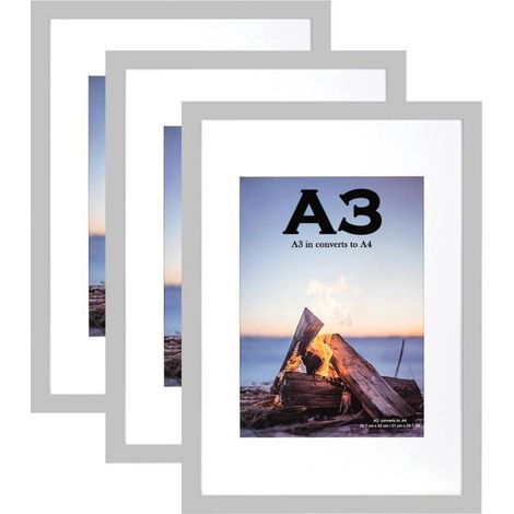 Bilderrahmen A3 mit Passepartout für A4, Holz, Wandmontage, Grau, 3 Stück (1/5)
