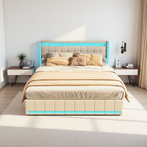 Lit 180 x 200cm, Lit 2 Places 180x200 cm avec 4 Tiroirs, Lit Capitonné avec Port USB et LED, Lit au Sol avec Tête de Lit et Cadre de Lit, Lin, Beige (1/5)