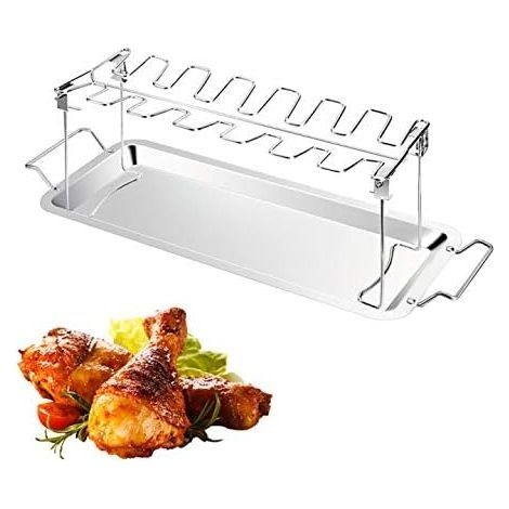 Barbecue,Support de Gril de pilons de Poulet BBQ Grill Wing Wing Grill, Accessoires de Grille de Cuisson de Cuisses de Poulet en Acier Inoxydable, égouttoir en Option (avec Plaque) (1/5)