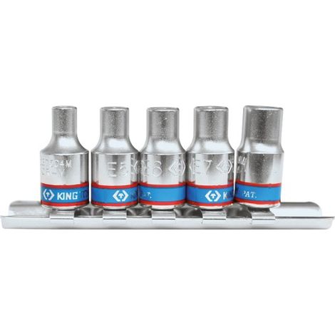 KING TONY - Jeu de 5 douilles 1/4" TORX E4-E5-E6-E7-E8 sur rail - 5 pièces