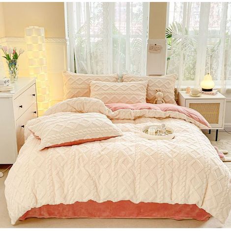 Housse de Couette Flanelle 220x240 cm,Parure de Lit en Polaire Chaud Hiver, Comprend un drap et 2 taies d'oreiller, beige Rose (1/5)