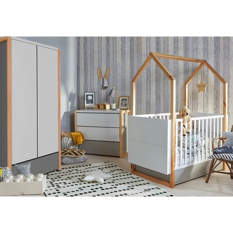Vollständiges Zimmer Hüttenbett 70x140 Wickelkommode und 2-türiger Schrank Bellamy Pinette Weiß und Grau (1/5)
