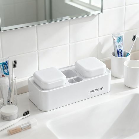 Support mural pour brosse à dents et dentifrice avec 2 tasses, auto-drainant pour salle de bain (blanc) (1/5)