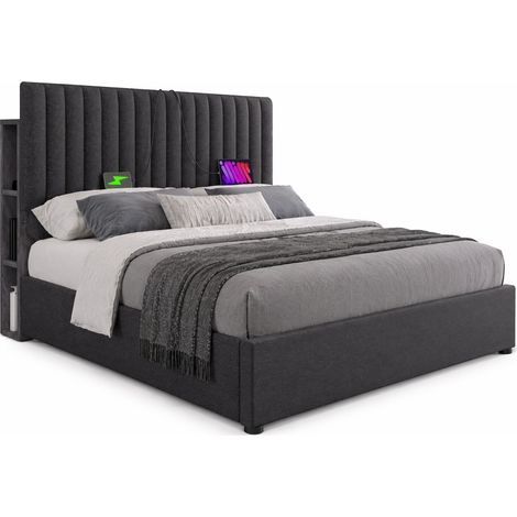 Lit coffre 140x200 cm avec tête de lit LED, USB et Type C, rangement intégré, sommier à lattes bois, gris, app-control, idéal chambre moderne CHICFURN (1/5)