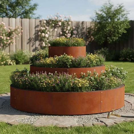 Fuleadture Carré potager rond en acier à 3 niveaux / Contour de jardinière – Potager surélevé d'extérieur pour herbes aromatiques – 120 x 120 x 20 cm