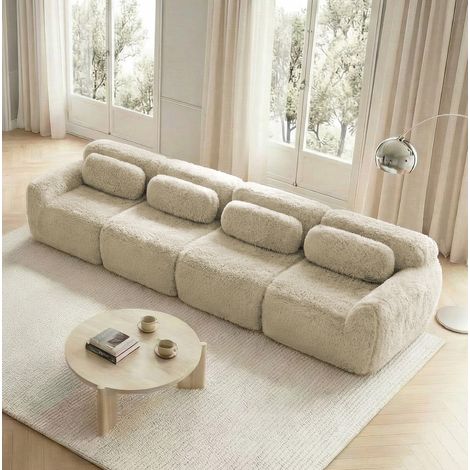 Modulares 4-Sitzer Sofa hellkhaki aus Plüsch mit rutschfester Basis und Kissen (1/5)
