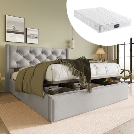 Cama con canapé tapizada en algodón gris claro 160x200 cm, somier de láminas y colchón de muelles incluido (1/5)