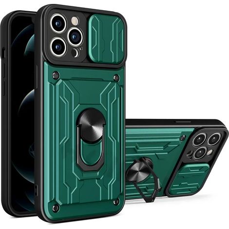 (Vert, iPhone 14) Étui de téléphone à anneau magnétique 360° avec emplacement pour carte SIM et protection coulissante pour la caméra. (1/5)