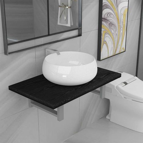 vidaXL Meuble de salle de bain en deux pièces Céramique Noir (1/5)