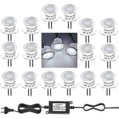 Lot de 16 mini spots LED encastrables d'extérieur, étanches IP67, lumière blanche 4500K, lampadaire 32 mm 0,6 W DC12V pour allée, terrasse, piscine en bois