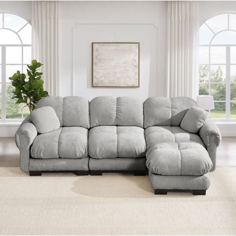 Canapé d'angle 3 places en tissu gris clair 260 x 149 x 90 cm, ottomane mobile, 2 coussins décoratifs, assise matelassée, modèle fixe – de FLORAGRACE (1/5)