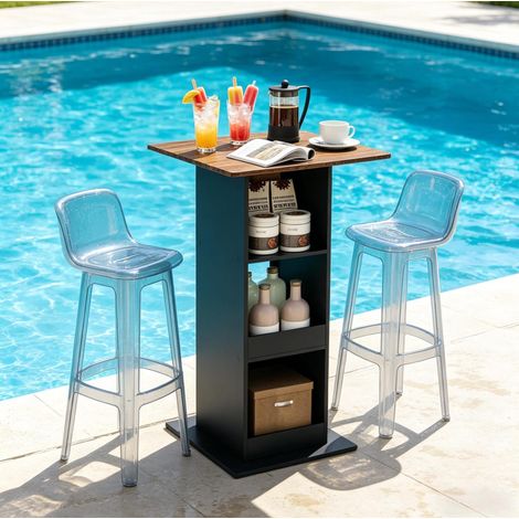Table bar carrée 60x60 cm en panneaux de bois noir et brun, avec rangement gain de place FloraGrace (1/5)