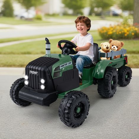 Tracteur électrique enfant vert foncé 24 V avec remorque détachable, télécommande et démarrage progressif pour jardin et cour (1/5)