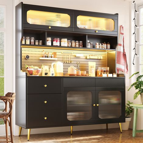 Modernes Sideboard mit LED-Beleuchtung & App , Schmaler Hochschrank für Küche & Wohnzimmer, Stilsicherer Aufbewahrungsschrank mit Lochwand, Schublade & Glasböden 145x39x171 cm, Schwarz (1/5)