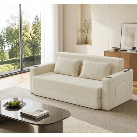 Canapé convertible 2 places 153x77x65 cm en chenille beige, gain de place pour salon FloraGrace (1/5)