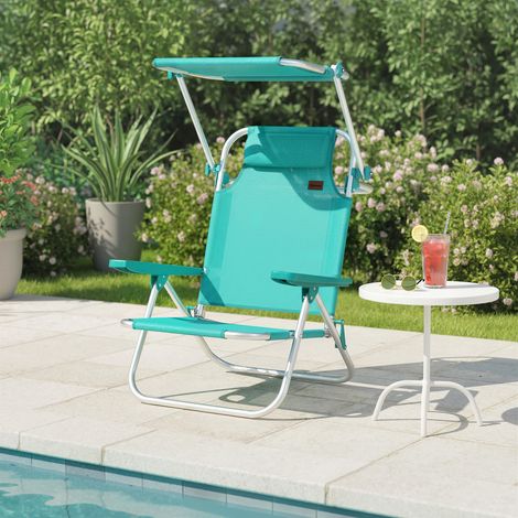 Outsunny Chaise de Plage Chaise Longue Extérieur Pliable à 6 Positions - Auvent Ajustable & Repose-Tête Inclus, 62x68x79cm, Turquoise