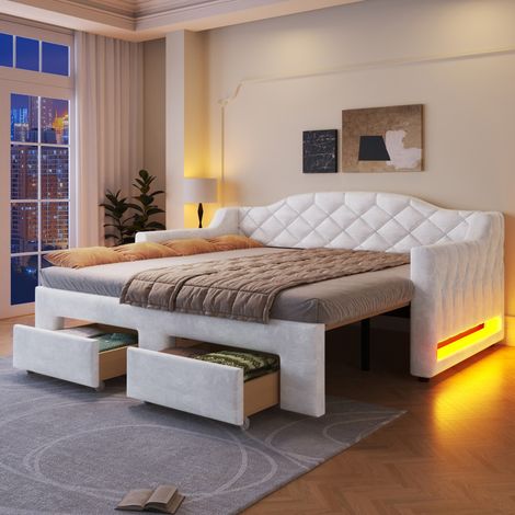 Banquette-lit capitonnée blanche 90/180x200 cm 2 tiroirs rangement LED lit canapé salon chambre (sans Matelas) (1/5)