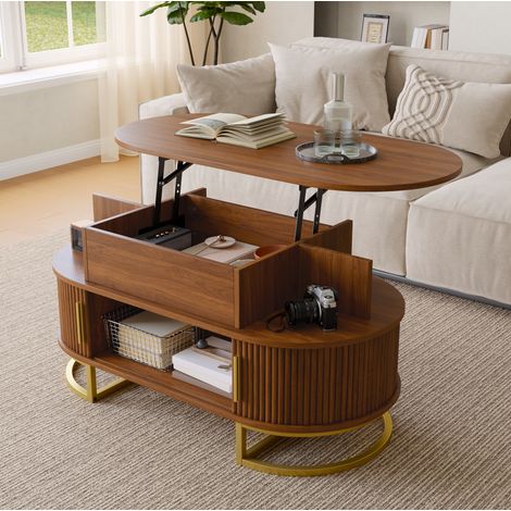 Mesa de centro ovalada 100x50x64 cm en MDF nogal con tapa elevable y almacenaje – MEUBLIV (1/5)