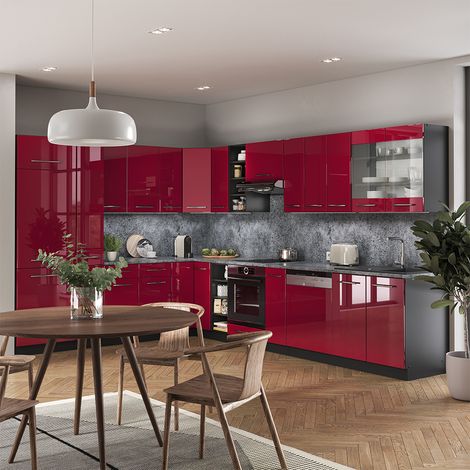 Cuisine en angle Fame-Line, Bordeaux haute brillance/anthracite, 347 x 257 cm sans plan de travail, Vicco