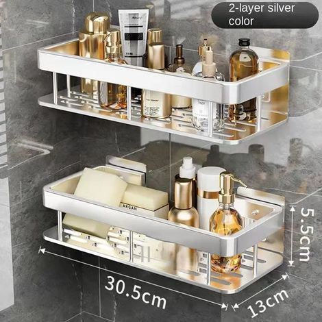 (Rectangle 2 pièces argenté) Étagères de salle de bain de luxe sans perçage, étagère murale de douche en aluminium antirouille, porte-shampoing et porte-serviettes, accessoire de rangement pour salle (1/5)