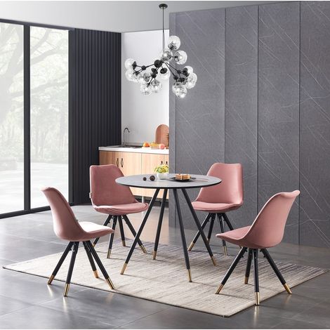 Dorchester LUX Sofia Dining Set - a Grey Wooden Dining Table and Set of 4 Pink Velvet Dining Chairs - Dining Room Kitchen (1/5)