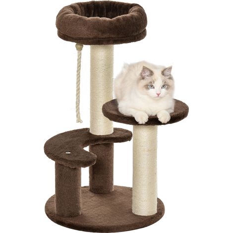 65 cm hoher Katzenkratzbaum, Katzenturm für Kätzchen, kleines Katzenhaus mit Sisal-Kratzstämmen, Hängeseil und Liegeflächen – Braun