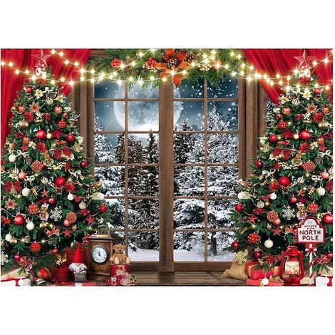 Fond photographique 150x100cm Thème de Noël Fond photographique Hiver Fantaisie et Merveilleux Arbre enneigé Rideau rouge (1/5)