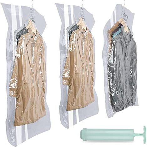 Sacs de rangement sous vide pour vêtements suspendus (lot de 3 : 120 x 65 cm, 105 x 65 cm, 90 x 65 cm) - Organisateur de placard, crochets de penderie - Sacs pour costumes, manteaux et vestes (1/5)