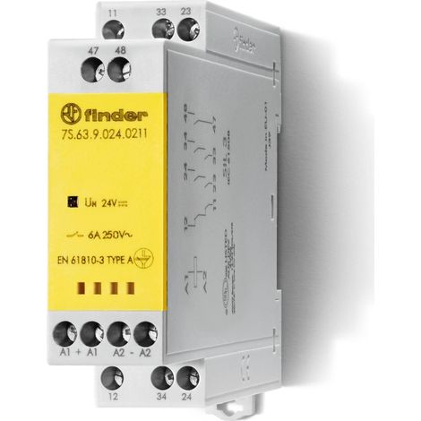 Relais mod contacts guidés 2NO+1NC+Aux 6A 48VDC AgSnO2&AgNi+Au,SIL3,à cage FINDER 7S6390480211PAS