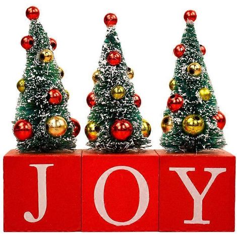 Lot de 3 décorations de Noël de bureau, mini sapin de Noël créatif JOY, décorations de vitrine en bois, ornements de Noël créatifs.-4X4X12cm