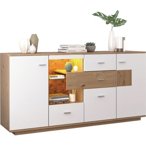 Aparador con 2 Puertas, 4 Cajones y Estante de Cristal, LED 16 Colores, en MDF, Blanco y Natural, 160×40×77 cm (1/5)