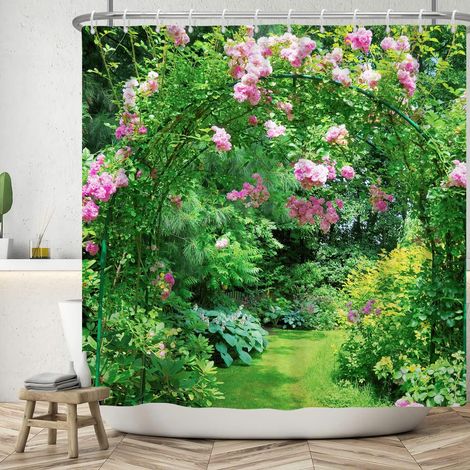 183x213cm Paysage d'Été Rideau de Douche 3D Forêt Cabine Plante Verte Rose Fleurs Salle de Bains Guirlande Arche Bain Imperméable Baignoire (1/5)