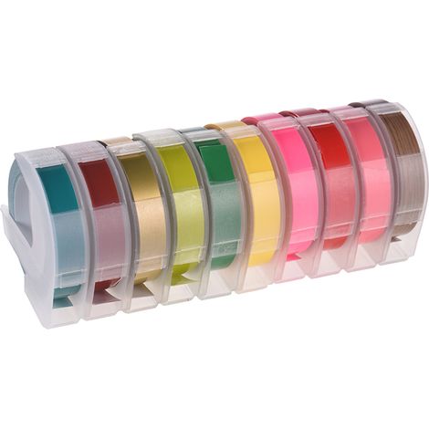 3D-Effekt-Etikettenband aus geprägtem Kunststoff, Nachfüllpackung für DYMO 12965 1610, 3 m x 1 cm, 10 Rollen (Farben zufällig)