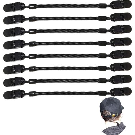 Cap Retainer, Clip de Retenue de Chapeau, 8 pièces, Clip Anti-Vent avec Élastique et Clip Crocodile, Idéal pour Pêche, Randonnée et Activités Extérieures, Taille Ajustable, Couleur Noire