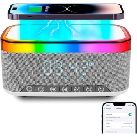 Lampe de Charge sans Fil, Reveil Chargeur Induction, Enceinte Bluetooth avec éclairage d'ambiance synchronisé avec la Musique, Réveil numérique,pour Chambre/Camping/décor de Salon (1/5)