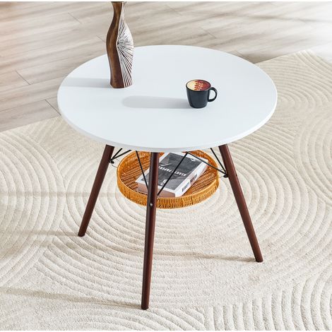 Mesa de comedor redonda, con cesta de almacenamiento colgante, patas de madera maciza y tablero de MDF, nogal y blanco (1/5)