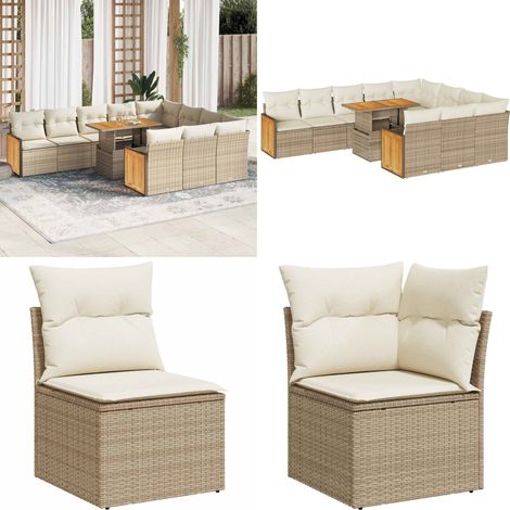 vidaXL Salon de jardin 11pcs avec coussins beige résine tressée acacia (1/5)