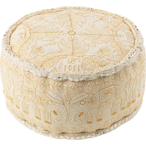 Pouf rond éléphants miroirs coton crème et or élégant - Crème brodé or motifs éléphants (1/4)