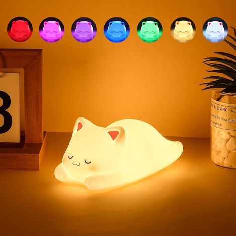 Children's Night Light, 7 Colors Cat Night Light, Baby Night Light Bedside Lamp with 1/3 Hour Timer & Dimmable Brightness, Kawaii Night Light for Bedroom Decoration, Gifts and Surprises for Boys and G (1/5)