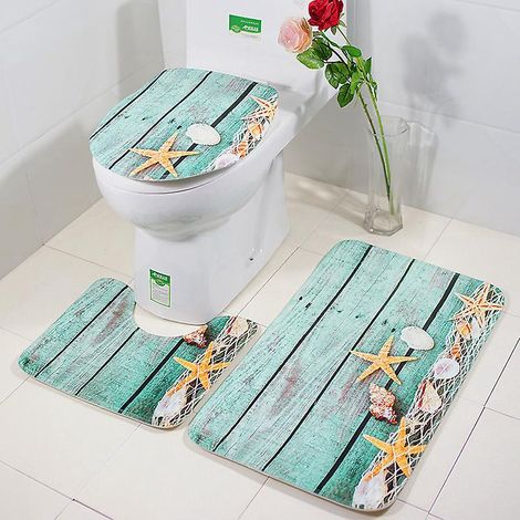 3-teiliges bedrucktes, rutschfestes Badezimmer-Set bestehend aus einer Badematte und einem waschbaren Bodenbelag.